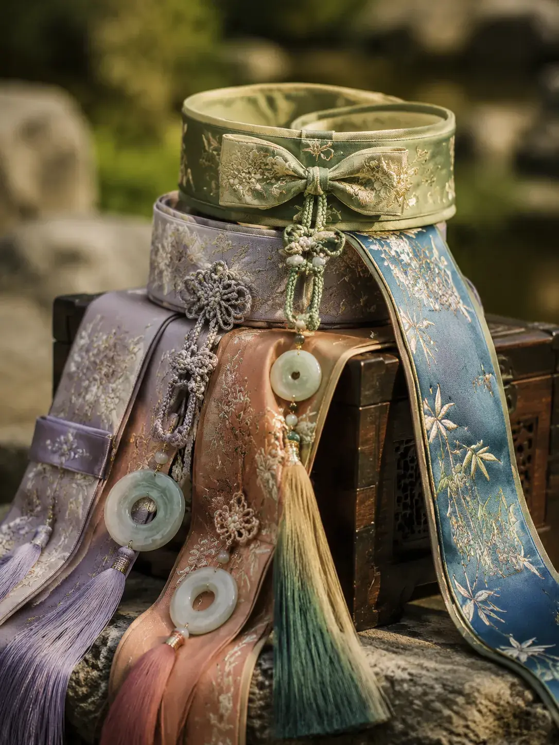 Decorative Hanfu waist sashes and belts in silk brocade with jade ornaments