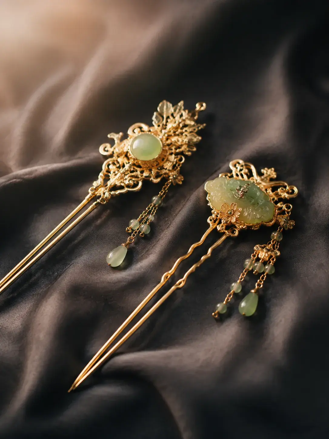 Traditional Chinese hairpins in gold and jade with intricate filigree design