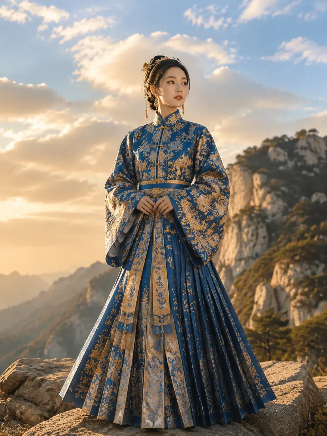 Ming Dynasty Hanfu with standing collar and ornate gold embroidery on rich blue brocade
