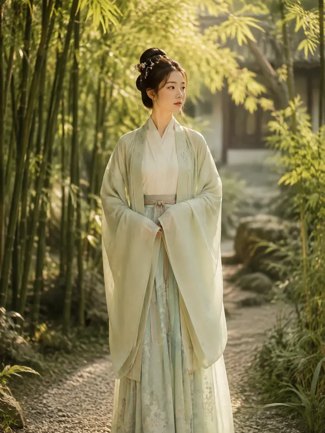 Song Dynasty Hanfu with slim silhouette and layered beizi jacket in muted pastel tones