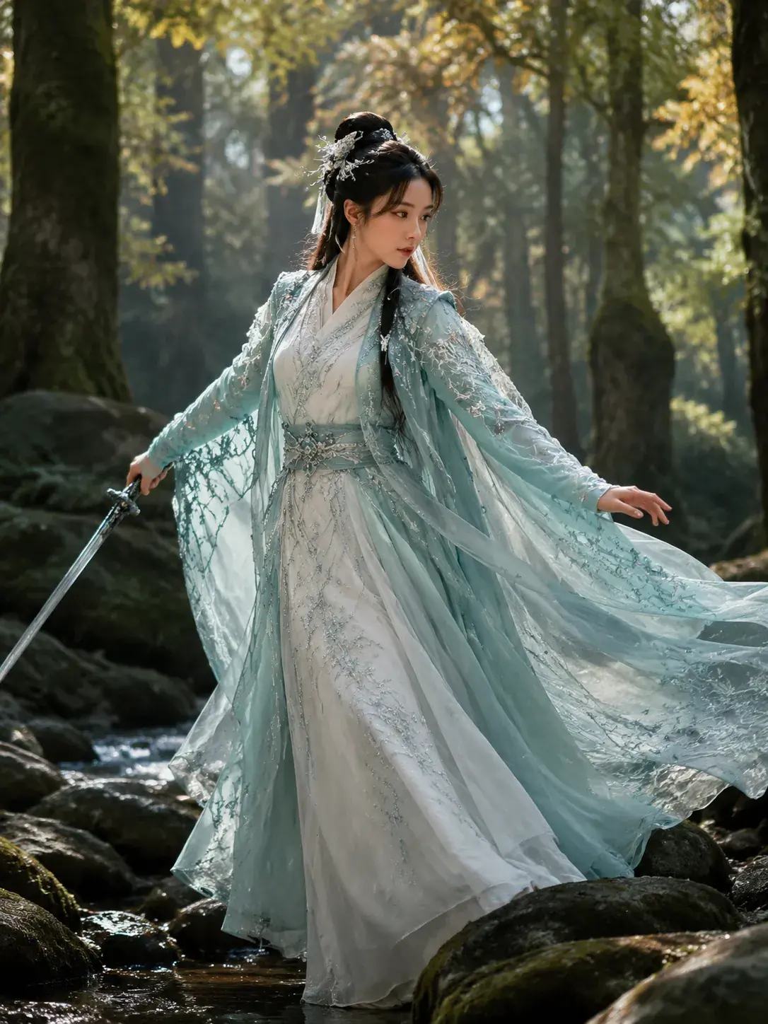 Fantasy-inspired Hanfu cosplay costume with intricate embroidery in mystical forest