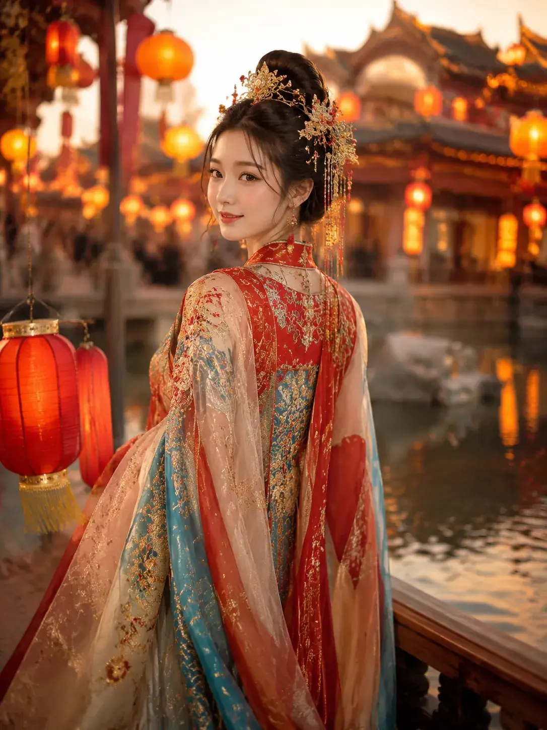 Woman wearing festive Hanfu with elaborate gold embroidery at traditional Chinese lantern festival